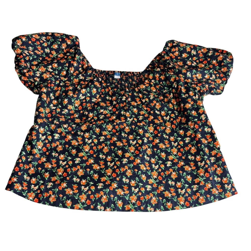 Old Navy Womens 2X Floral‎ Smocked Puff Sleeve Peplum Top Navy Cottagecore